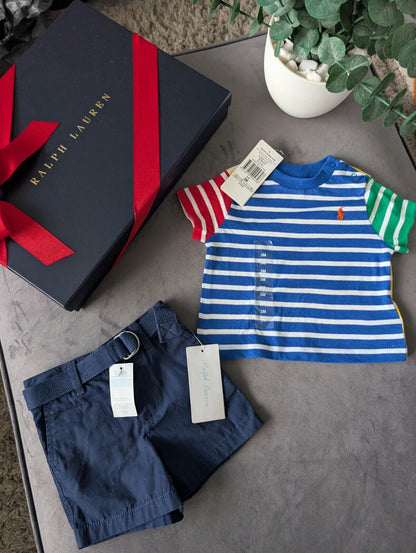 New adorable Ralph Lauren boys Stripe t  shirt + navy blue short set 0-3m gift