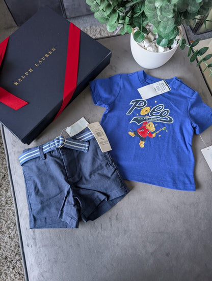 New adorable Ralph Lauren boys Bear Bee t Shirt + navy blue short set 6-9m gift