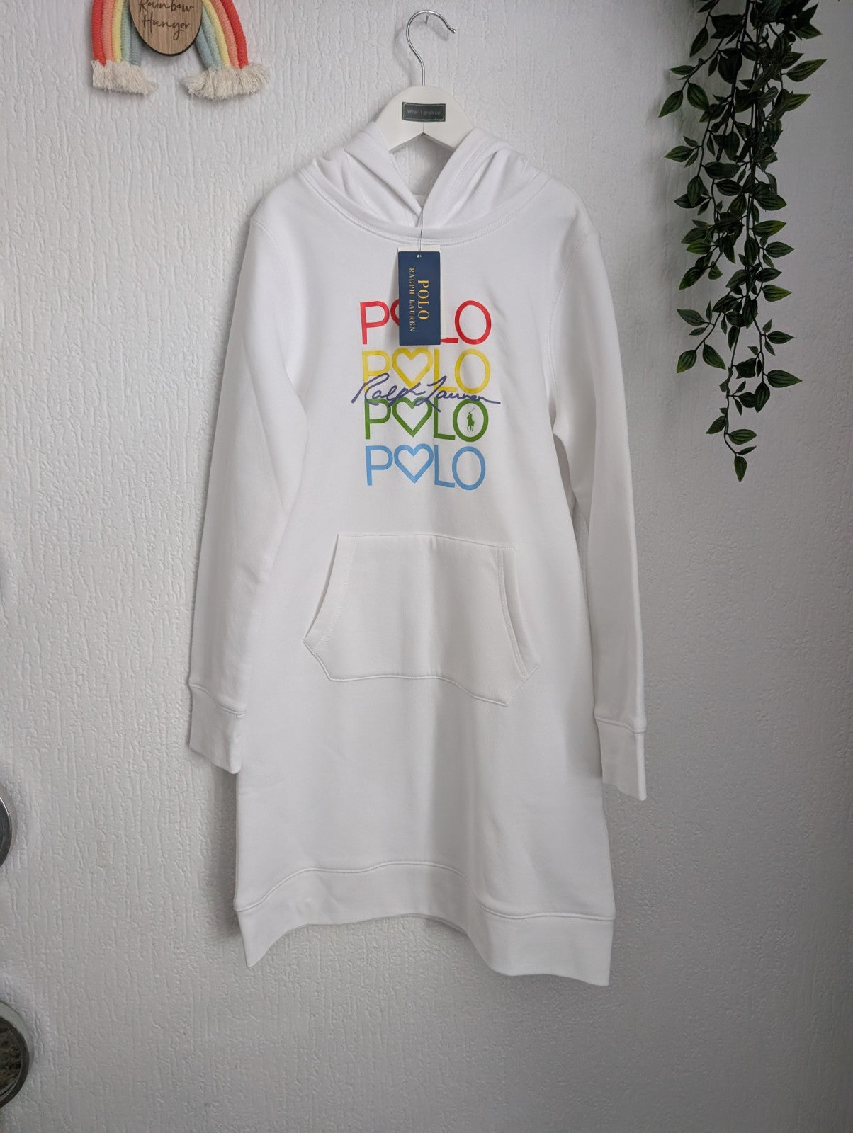 New Ralph Lauren Girls Hoodie Jumper Dress Polo Multicoloured Logo 10yrs Gift