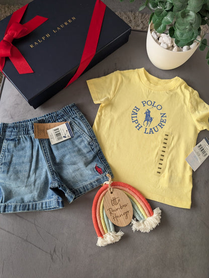 New polo Ralph Lauren baby t shirt Yellow + Denim Shorts 6-9m gift pony Logo