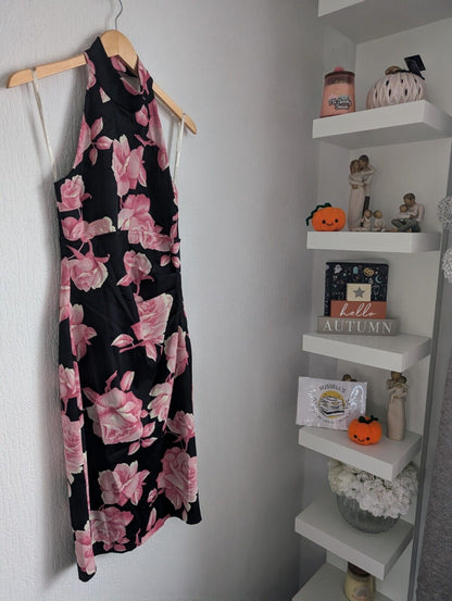 New Karen Millen Rose Print Halterneck Dress In Black/ Pink Size UK 12 Occasion