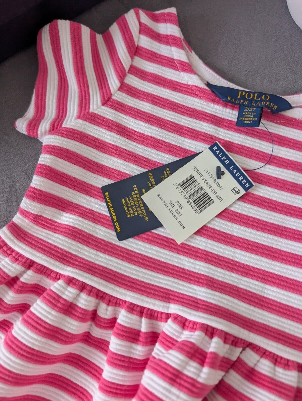 New Stunning Girls Ralph Lauren Pink Ribbed Stripe Dress Occasion Age 2 Gift