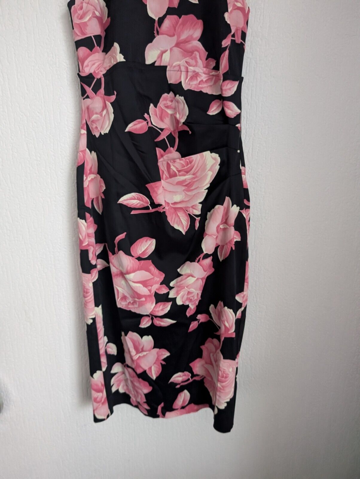 New Karen Millen Rose Print Halterneck Dress In Black/ Pink Size UK 12 Occasion