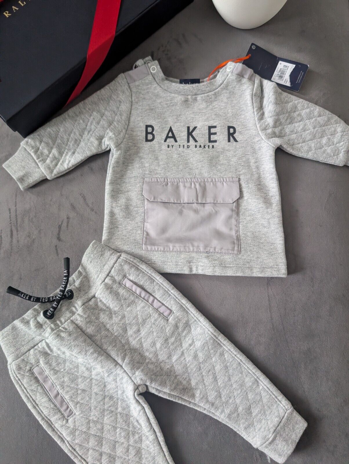 BNWT Ted Baker Boy Grey Blue Logo Tracksuit Jogger Set Outfit 3-6m Quilted Gift