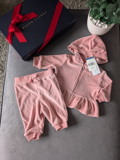 New Gorgeous Ralph Lauren Pink Scalloped Baby Girl Tracksuit 0-3m Gift Velvet