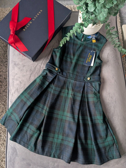 New Ralph Lauren Girls Gorgeous Tartan Green Pleated Ponte Dress Age 6x £125