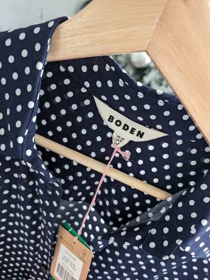 New Boden Katie Midi Shirt Dress Belted Navy Polka Dot Spotty UK 12R occasion £72