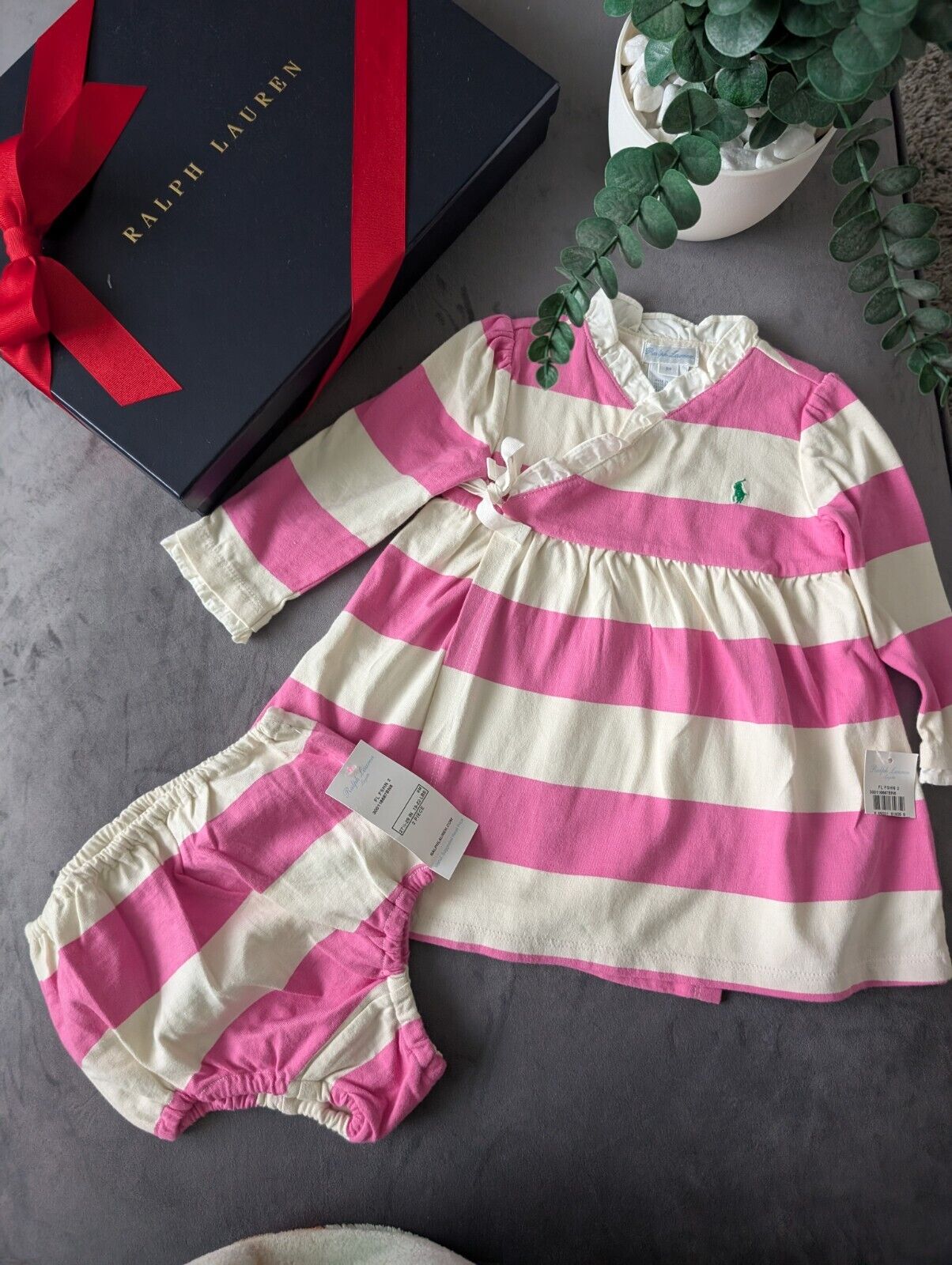 New Stunning Ralph Lauren Baby Girls Pink White Stripe Dress + Bloomer 6-9m Gift