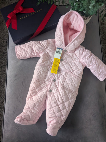 New ralph lauren Baby Pink quilted fleece lined pram suit snowsuit 0-3m Gift