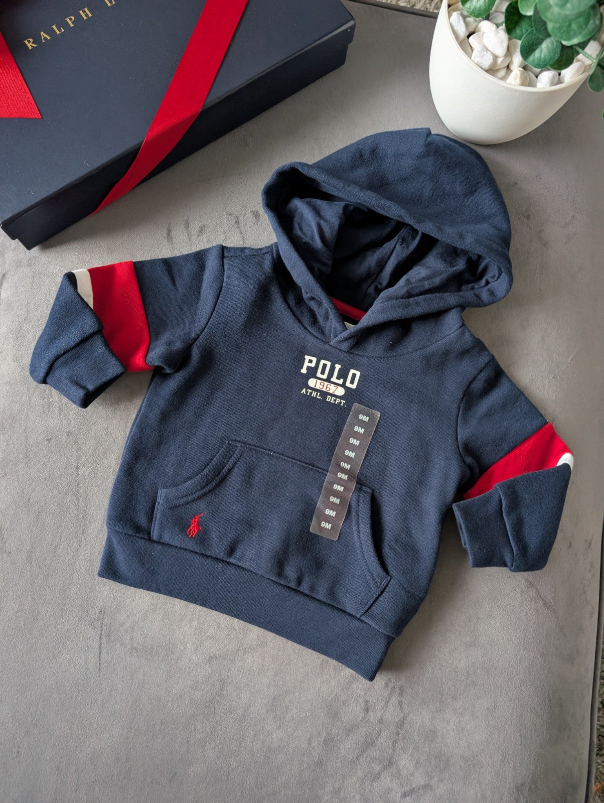 New Ralph Lauren Baby Boys Jacket Hoodie 6-9m Navy Smart Casual Red Stripe Logo