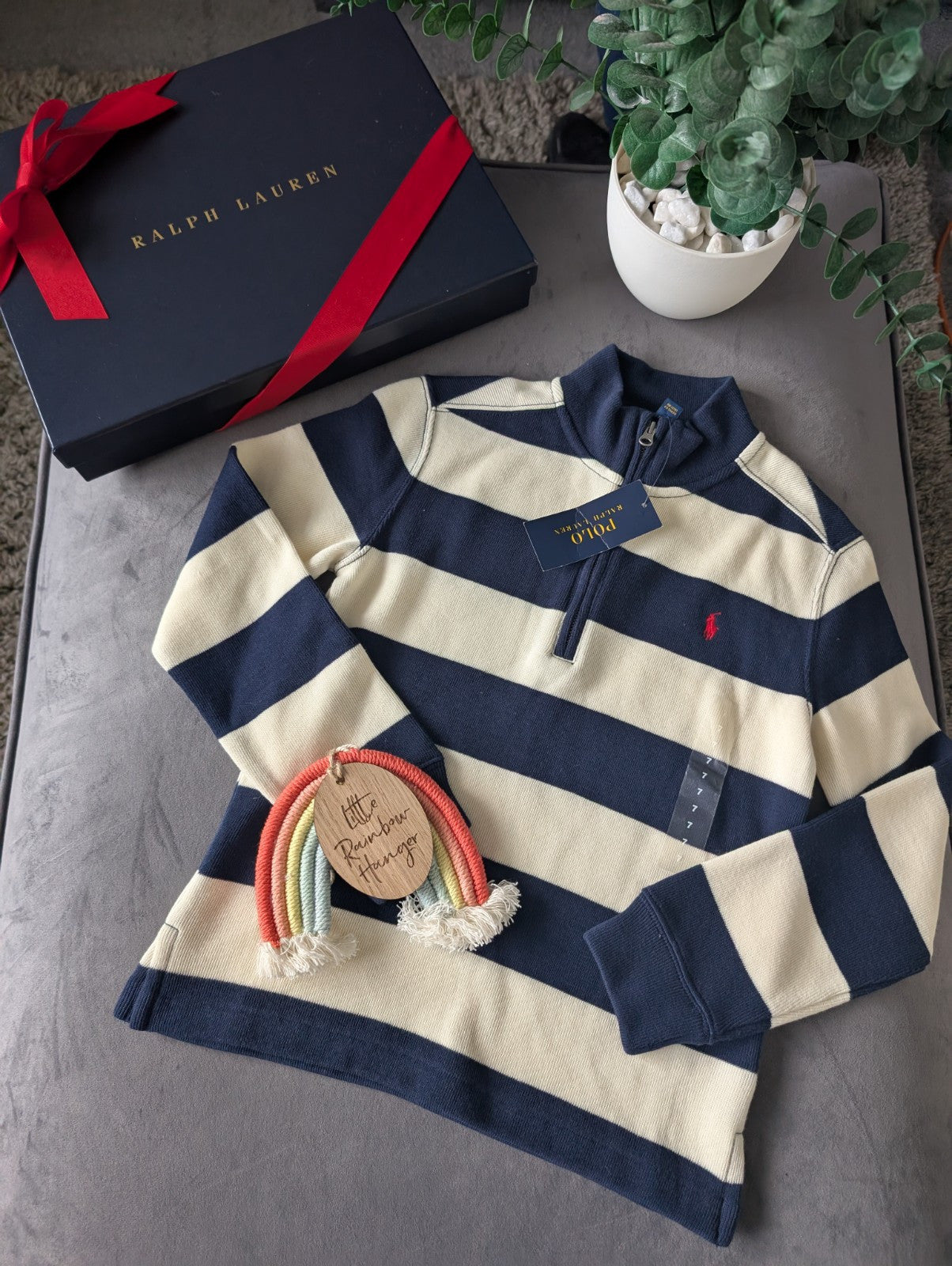 New Ralph Lauren boys Navy 1/4 zip knit jacket Navy Cream Stripe Smart Boys 6-7y