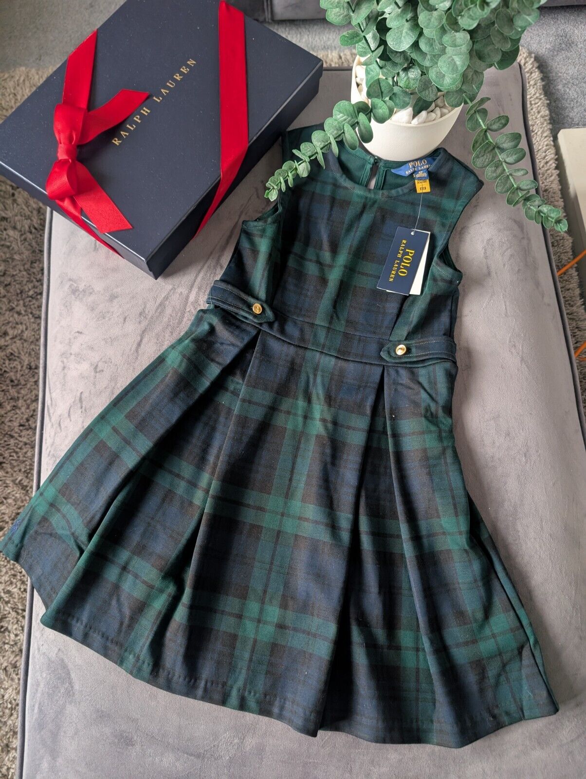 New Ralph Lauren Girls Gorgeous Tartan Green Pleated Ponte Dress Age 6x £125