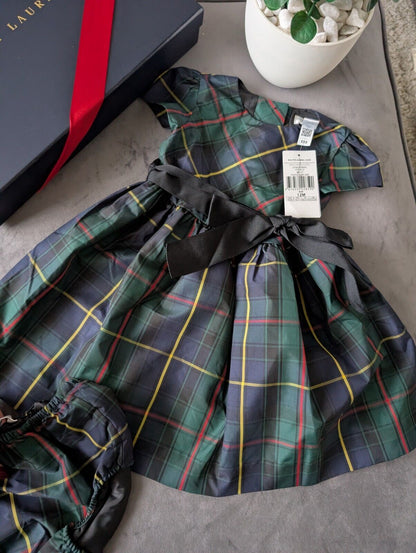 New Ralph Lauren Girls Tartan Plaid Pretty Green Vincenza Dress Gift 12m