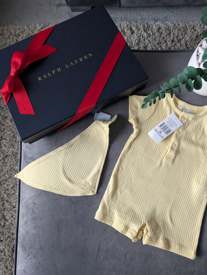 New Ralph Lauren Baby Boy Romper Yellow + Bib Pony Logo Gift New 0-3m  £70