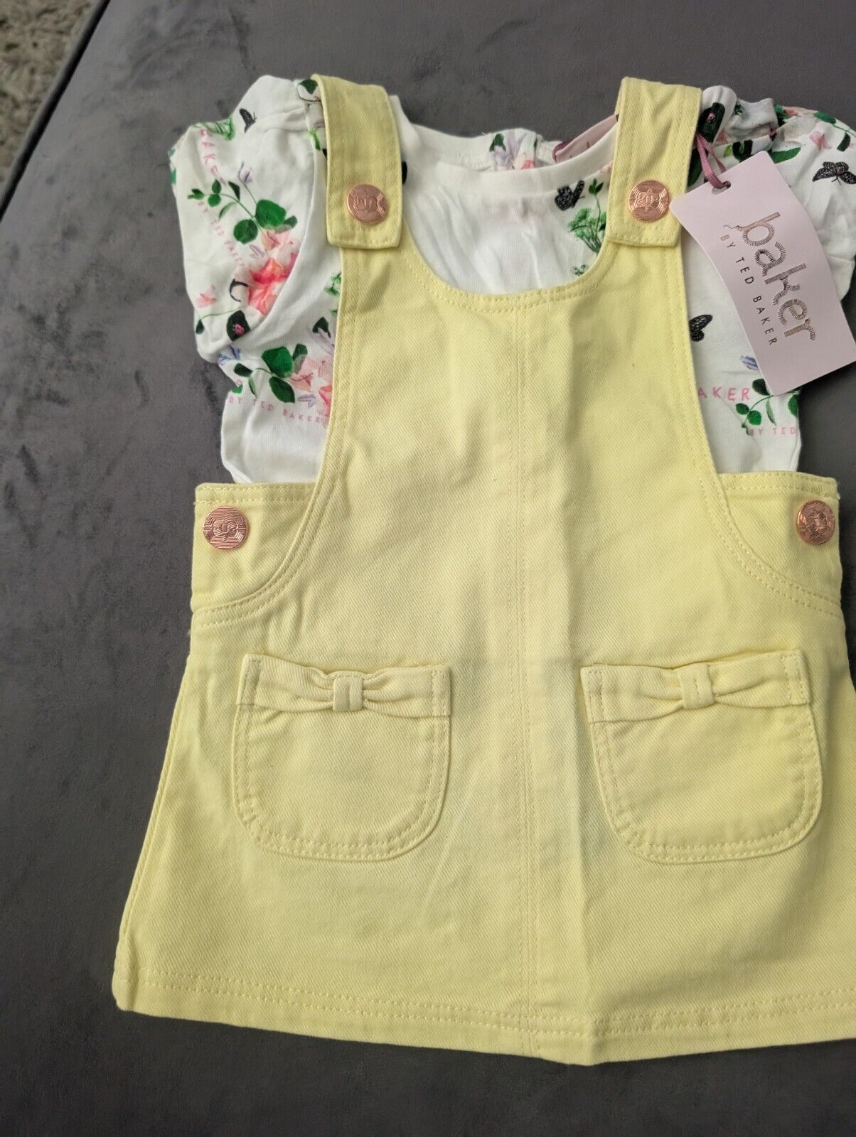 New Ted Baker Baby Girl Dungaree Denim Floral Shirt Dress 3-6m Bows Outfit Cute