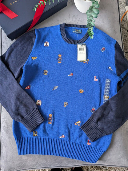 New Polo Ralph Lauren Jumper Boys 16y Blue Bear  Dog Cricket Embroidered Gift