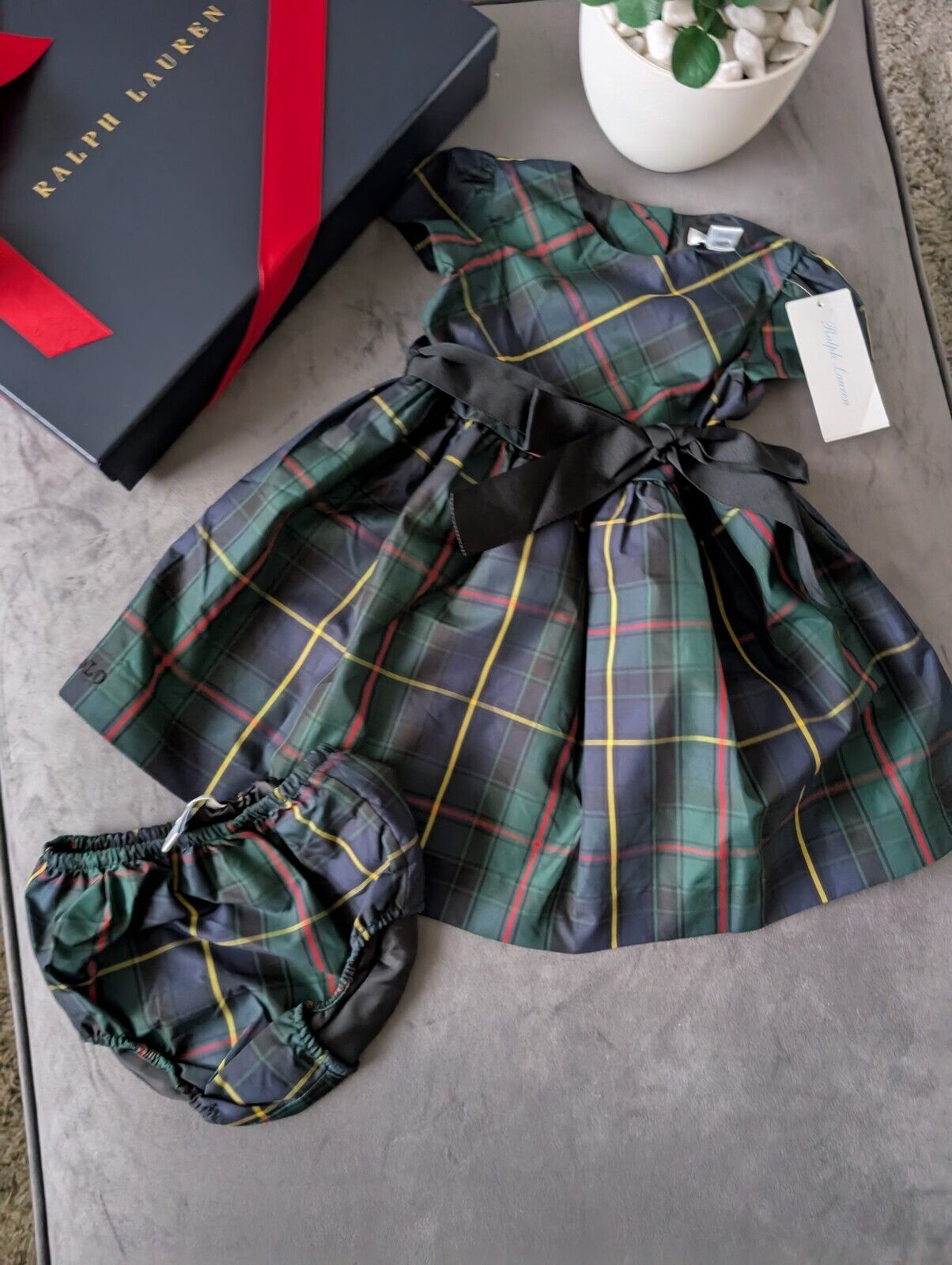 New Ralph Lauren Girls Tartan Plaid Pretty Green Vincenza Dress Gift 12m