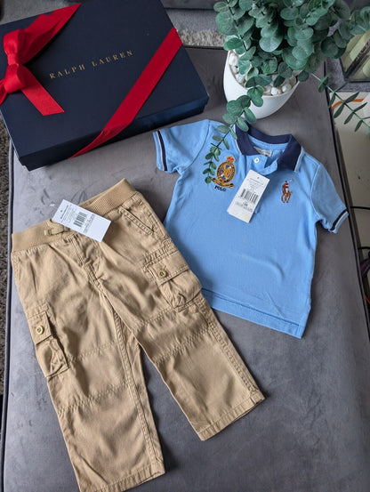 New adorable Ralph Lauren boys Polo Shirt Blue  + Chino Trousers Age 12m Gift