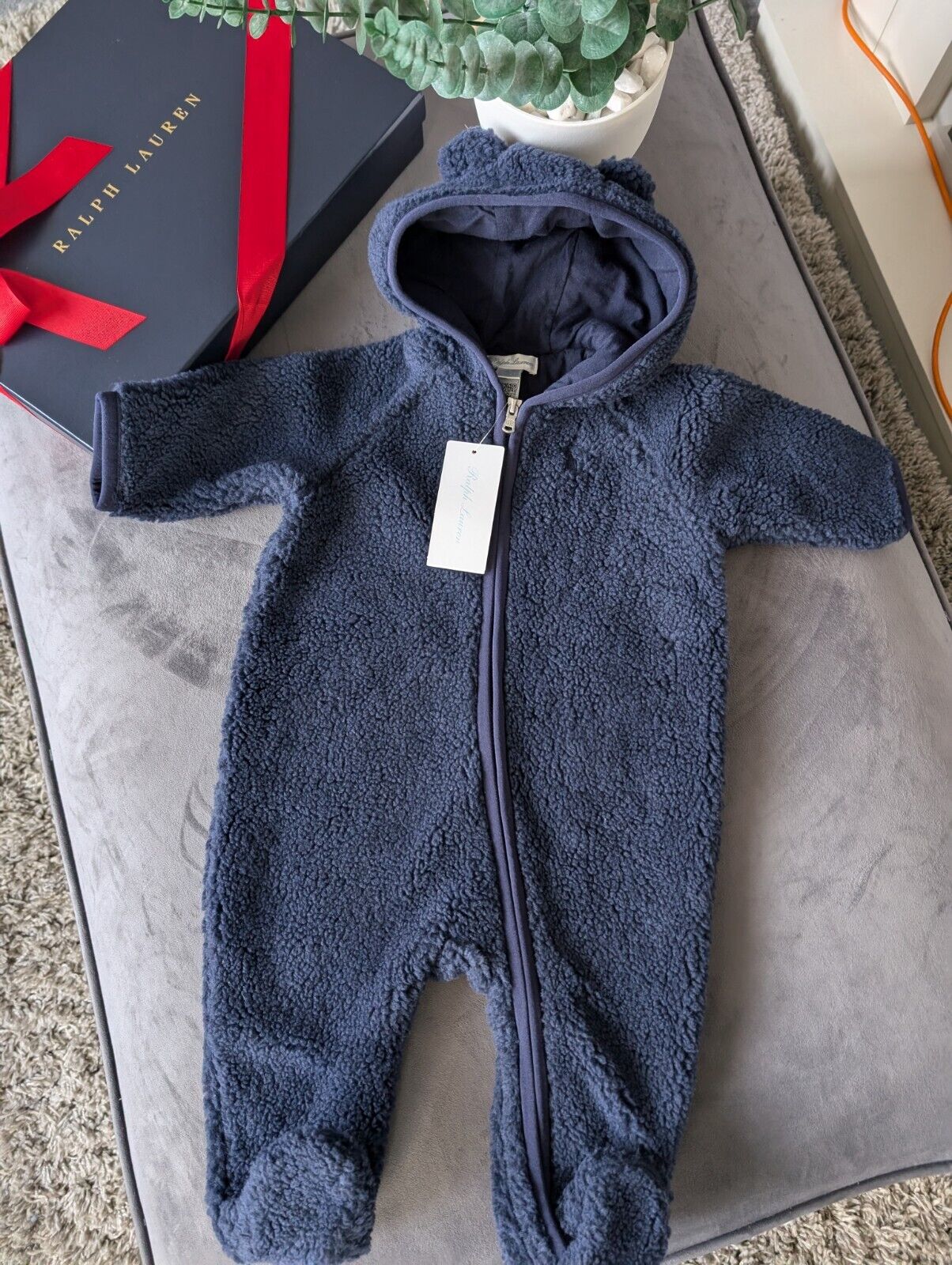 New Ralph Lauren baby boys faux shearling bear all in one snowsuit baby gift 3-6