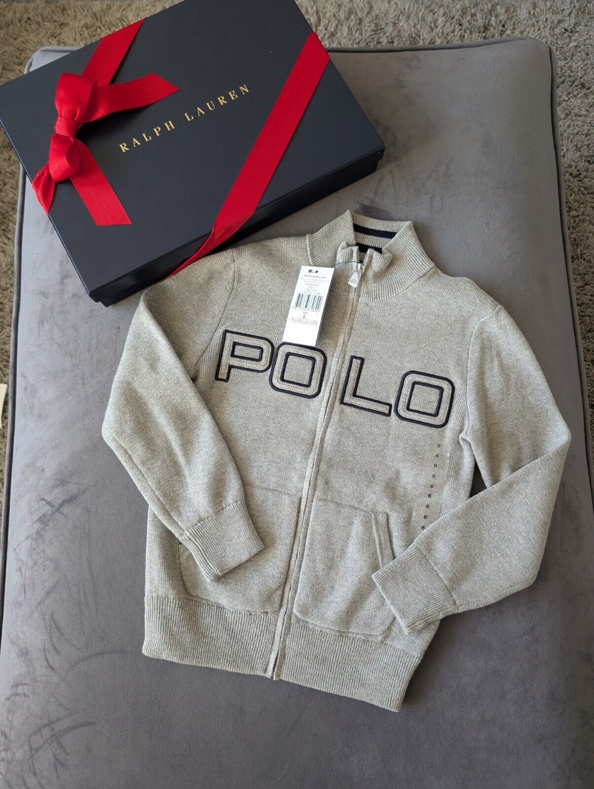 New Ralph Lauren boys Grey Polo Zip knit jacket Navy Smart Casual 5-6y Gift