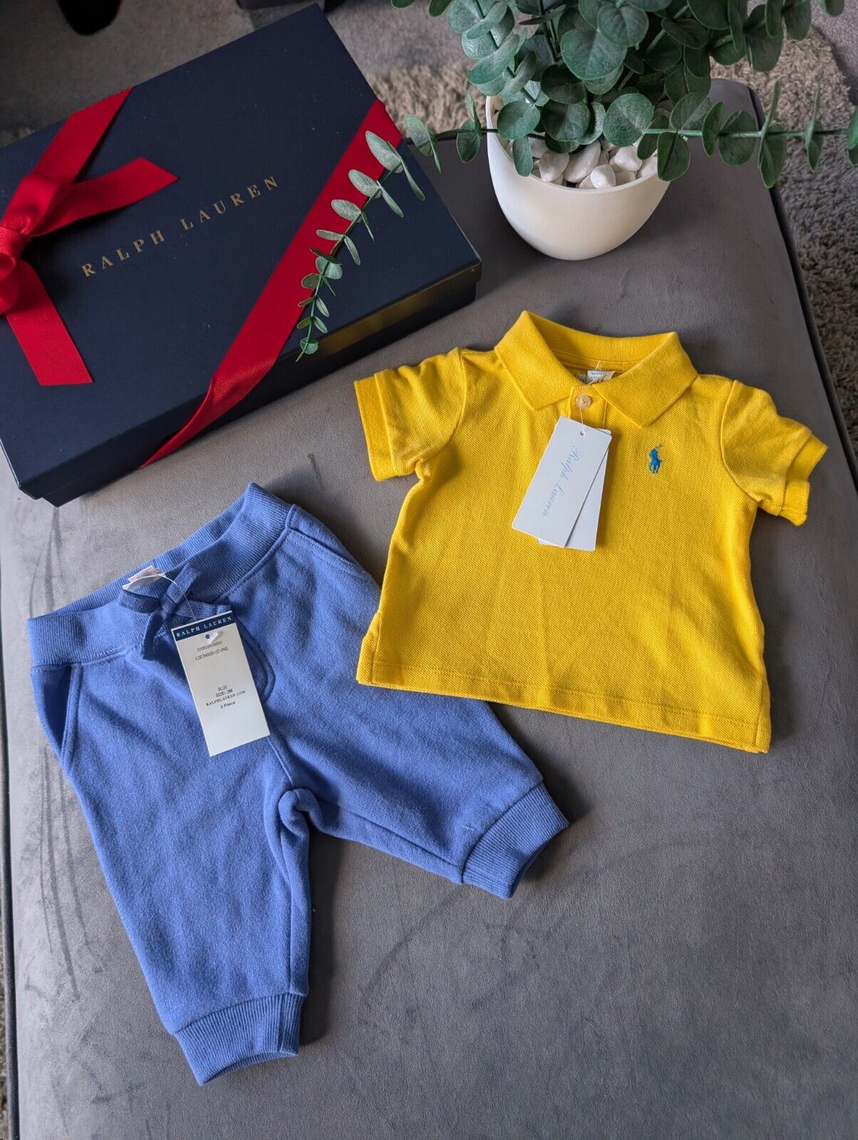 New adorable Ralph Lauren boys Yellow Polo Shirt + blue Jogger set 0-3m Cute