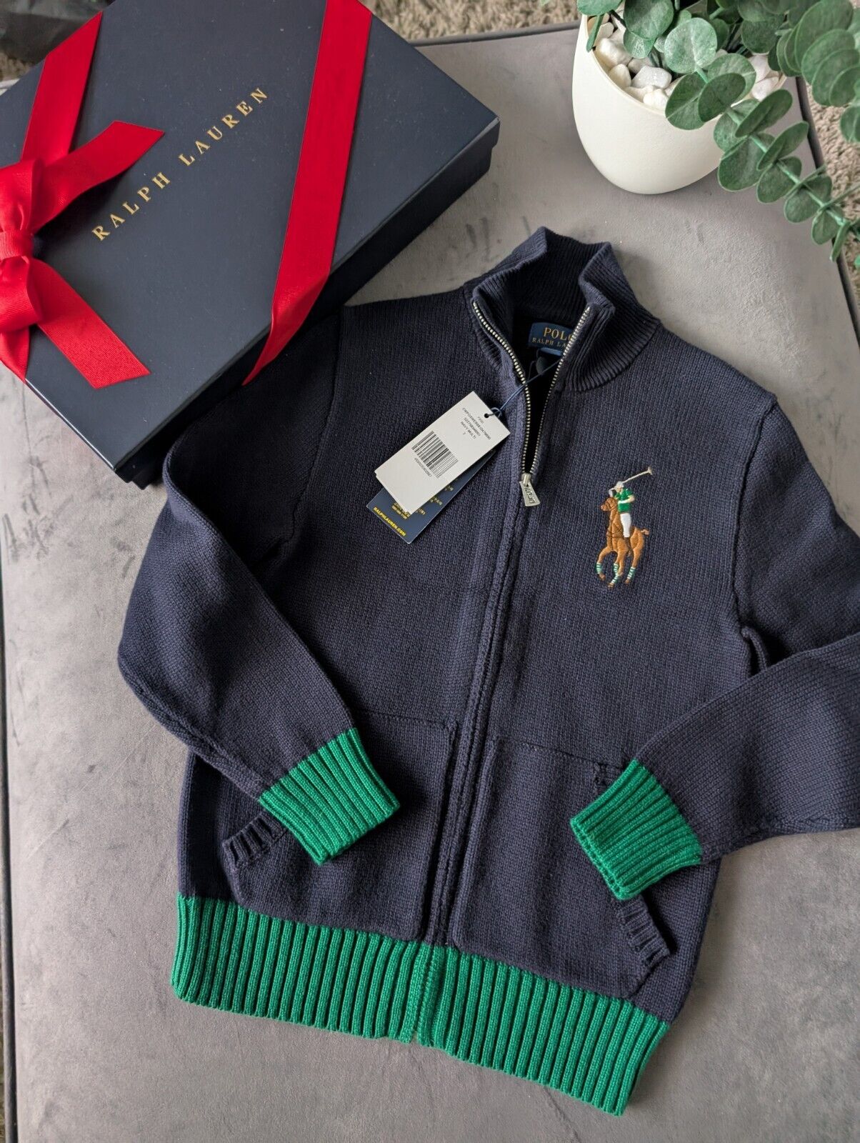 New Ralph Lauren boys big pony full zip knit jacket Navy Green autumn winter 7