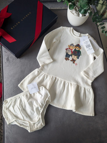 New Ralph Lauren Girls White Sweatshirt Dress Bear Duo Pretty Flare Gift 18mths