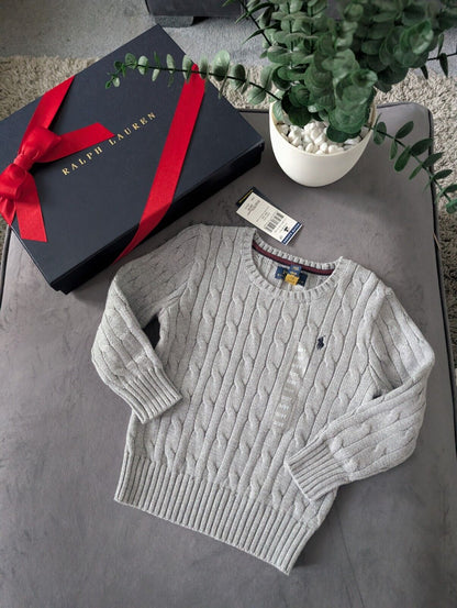 New Boys Ralph Lauren Grey Cable knit long sleeve jumper Cashmere Blend 5yr Gift