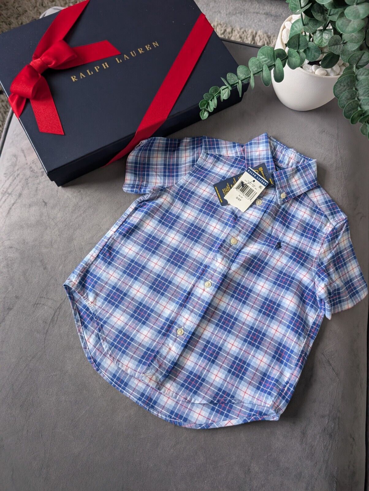 New Ralph Lauren Baby Boy Checked Shirt Smart Occasion Gift Age 18m Blue Short S