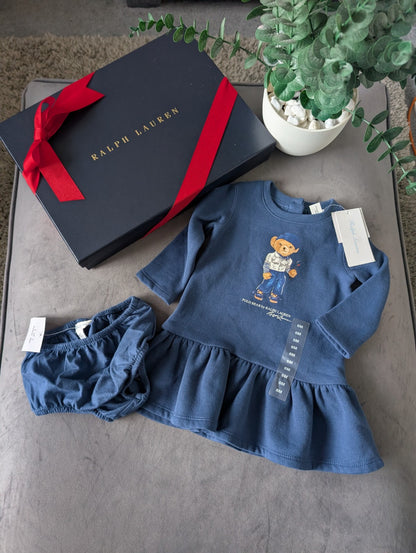 New Gorgeous Ralph Lauren Baby Girls Navy Bear Golf Dress Sweater + Bloomer 6m