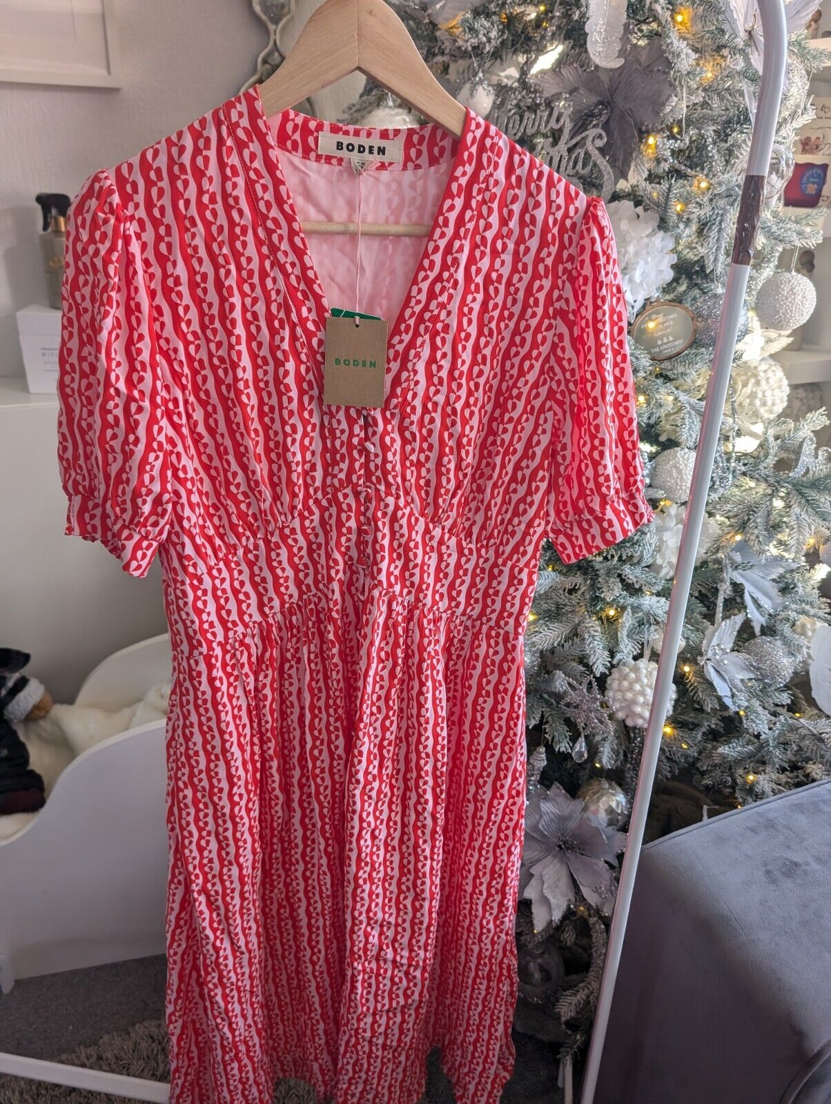 boden womens tea dress pink & Red elsa Midi Heart print button up size 12R occasion