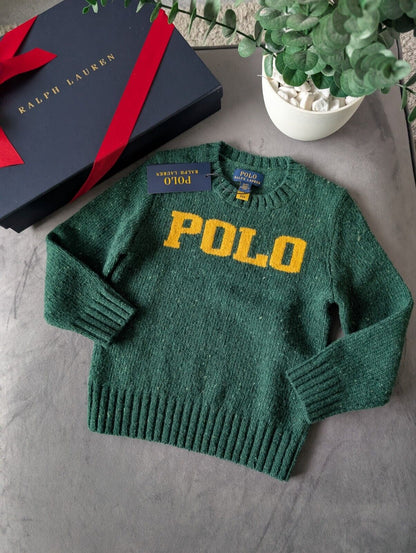 New boys polo Ralph Lauren Green Yellow Wool knit jumper logo polo Gift smart 4y