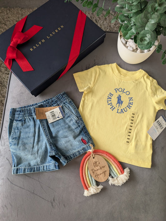 New polo Ralph Lauren baby t shirt Yellow + Denim Shorts 6-9m gift pony Logo