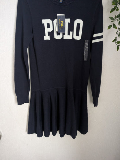 New Ralph Lauren Girls Polo Logo Knit Sweater Dress Dark Navy Size L 12-14Y