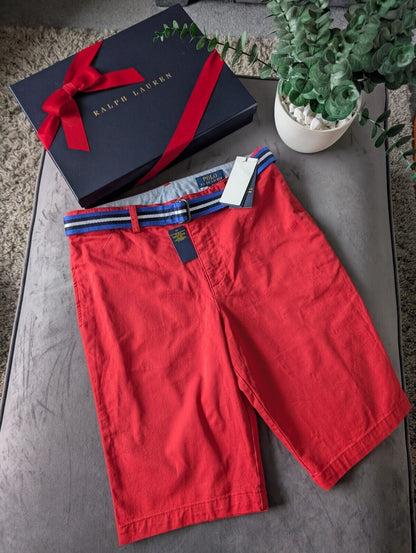 New Ralph Lauren Boys Red Chino Shorts + Belt Smart Gift Age 13 Casual Summer