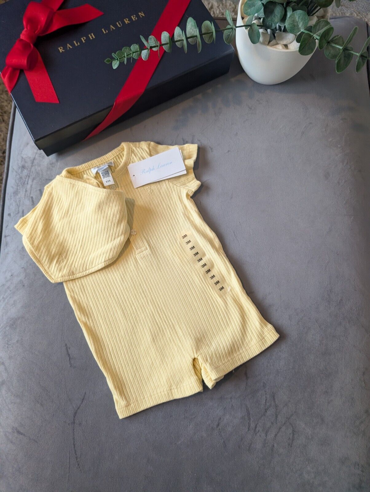 New Ralph Lauren Baby Boy Romper Yellow + Bib Pony Logo Gift New 0-3m  £70