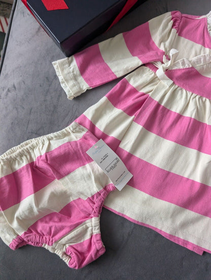 New Stunning Ralph Lauren Baby Girls Pink White Stripe Dress + Bloomer 6-9m Gift