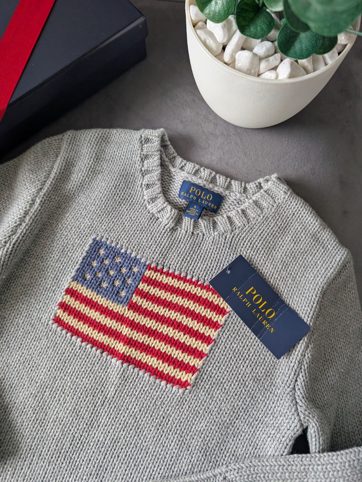 New Polo Ralph Lauren Grey Smart American flag jumper age UK 4-5yr USA Boys Gift