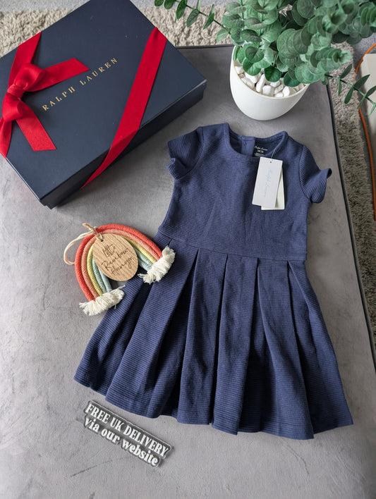 new polo Ralph Lauren French Navy Pleated  dress Girls Age 18m ribbed smart Cute