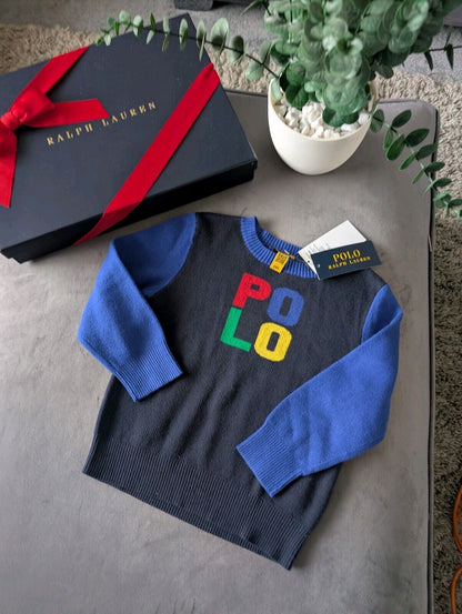 New Ralph Lauren Boys Colour Block Fine Knit Jumper Polo Logo Blue Gift 2-3y