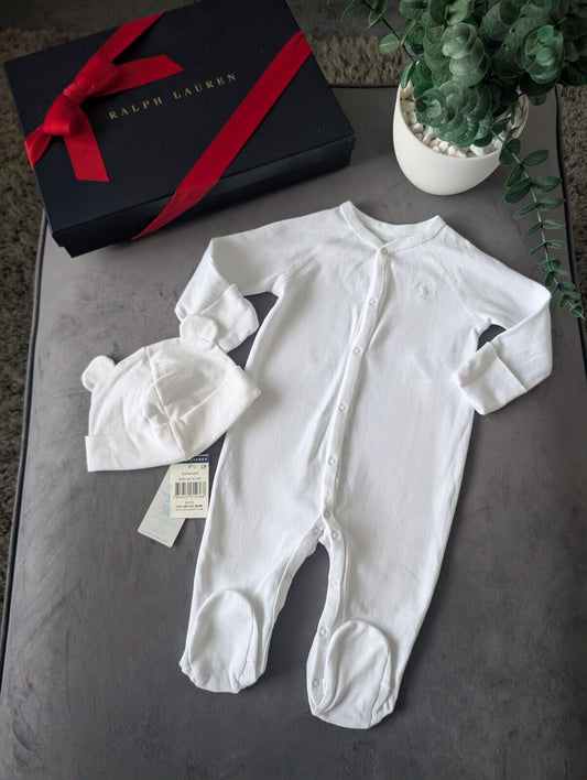 New Ralph Lauren Baby Babygrow All In One White Polo + Matching Hat 6-9m Gift