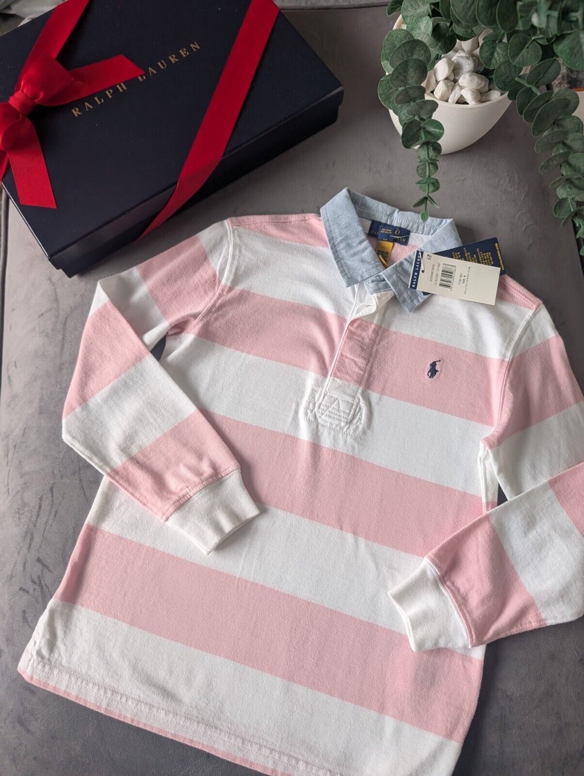 New Ralph Lauren Boys Iconic Pink White Stripe Long Sl Polo Shirt Smart Gift 6y