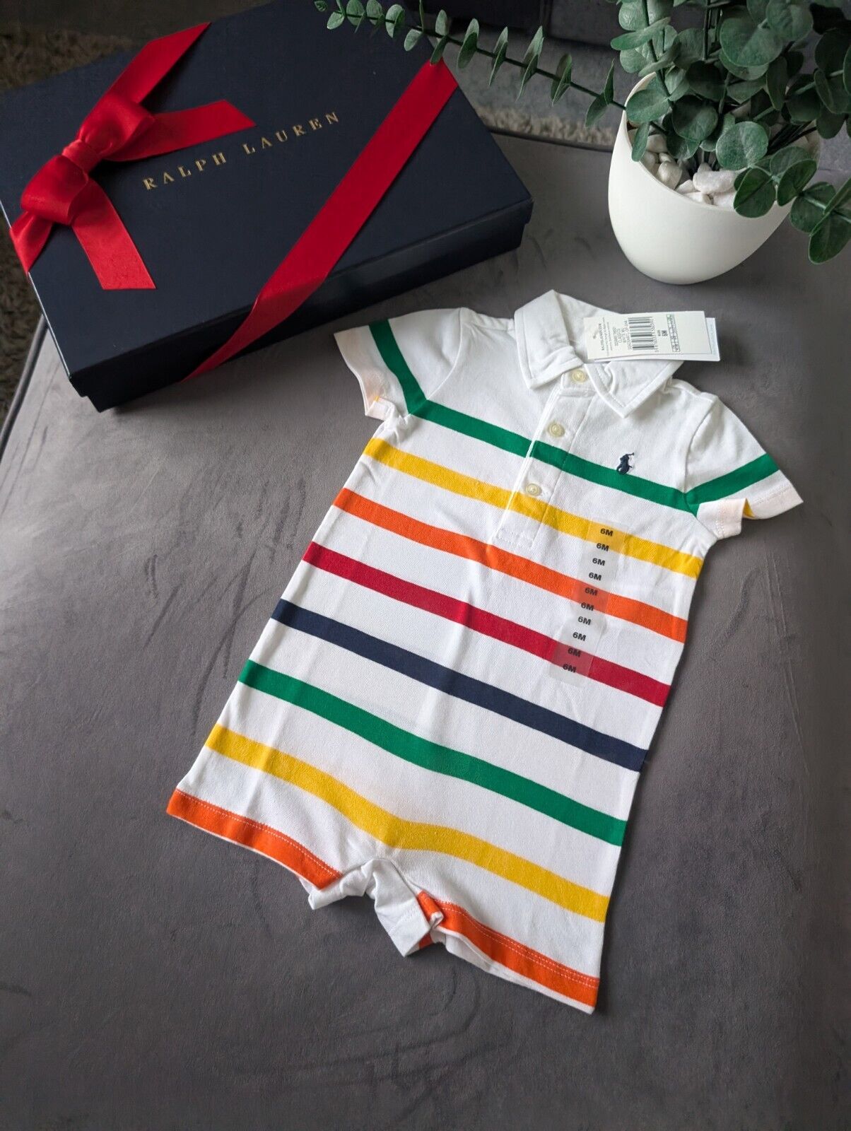 New Ralph Lauren Baby Boy Multi White Stripe Romper 6m Gift Cute Baby Summer