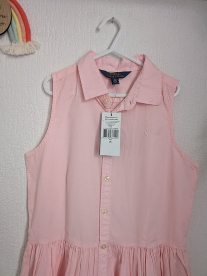 New Ralph Lauren pink plain pony Logo Smart Sleeveless Oxford Shirtdress 12yrs