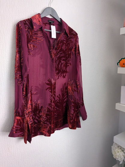 New Karen Millen Feather Devore Woven Shirt BNWT Burgundy Pink Sheer Smart UK 10