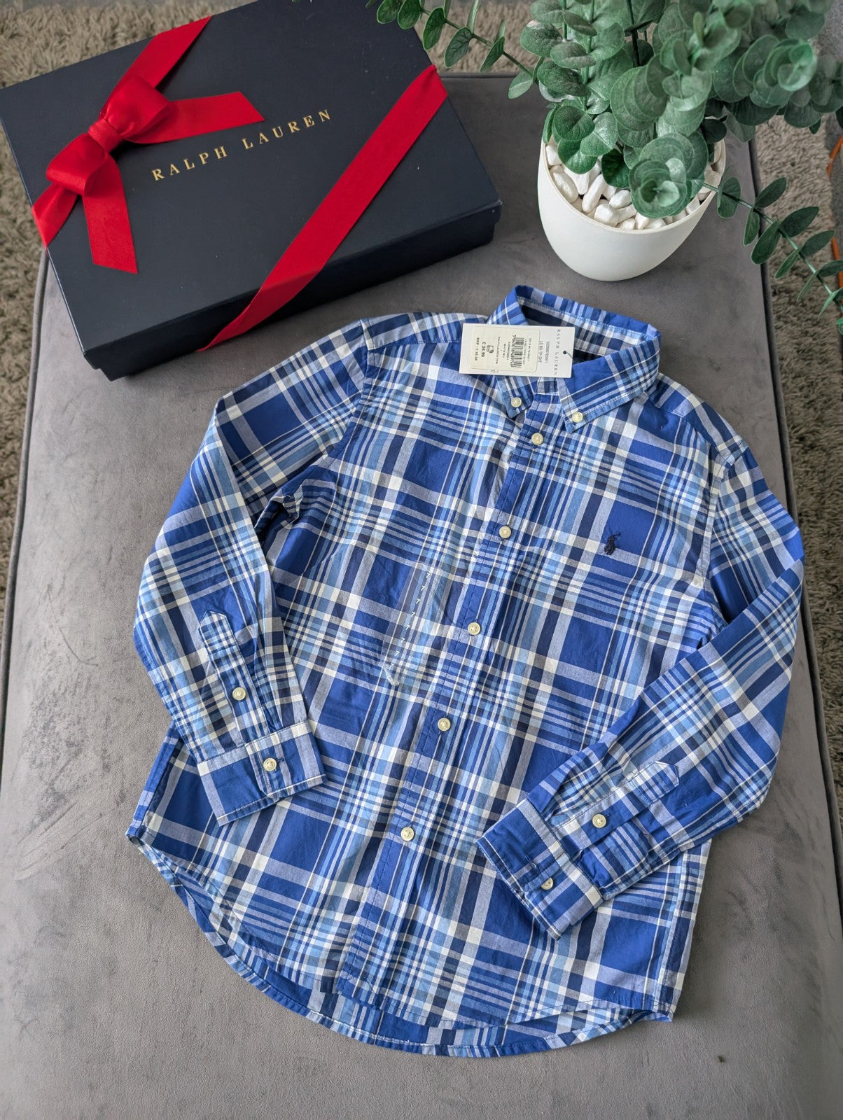 New Ralph Lauren Blue White Check Boys Shirt Smart Occasion Age 7 Yrs Gift