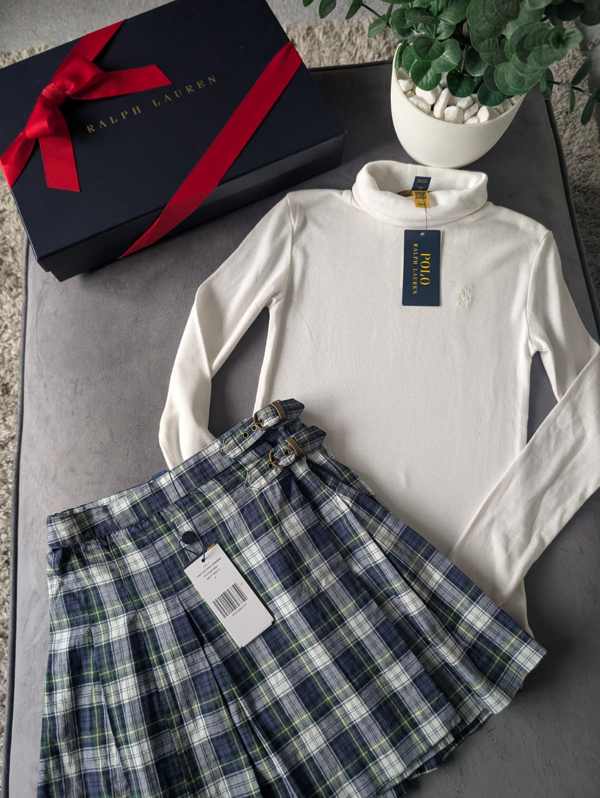 New Ralph Lauren Girls High Neck Ivory Top + Tartan Pleated Skirt Outfit 6y Gift