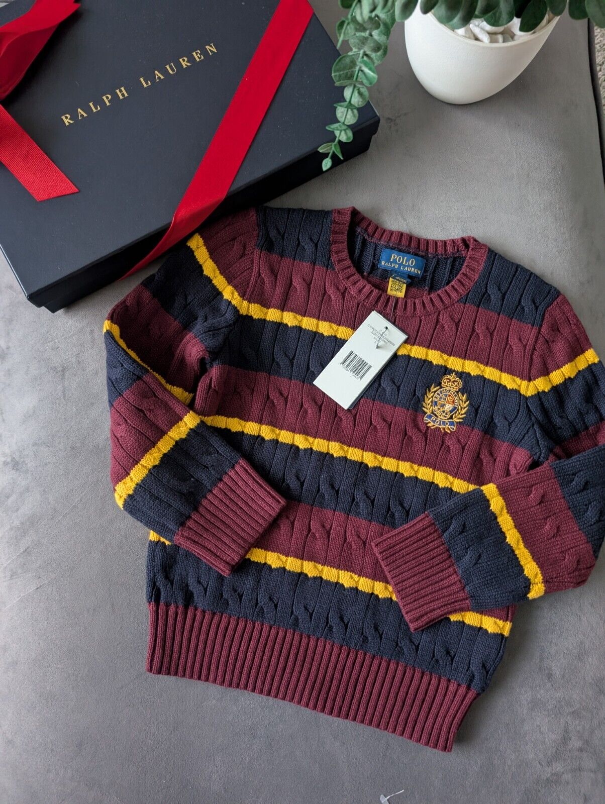 New Boys Ralph Lauren Red cable knit long sleeve jumper autumn winter 5 Stripe