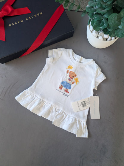 New Cute Gift Ralph Lauren girls White polo bear T-Shirt Bear Peplum Dress 3-6m