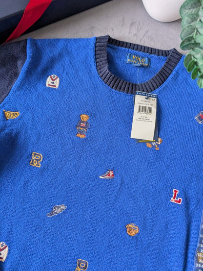 New Polo Ralph Lauren Jumper Boys 16y Blue Bear  Dog Cricket Embroidered Gift